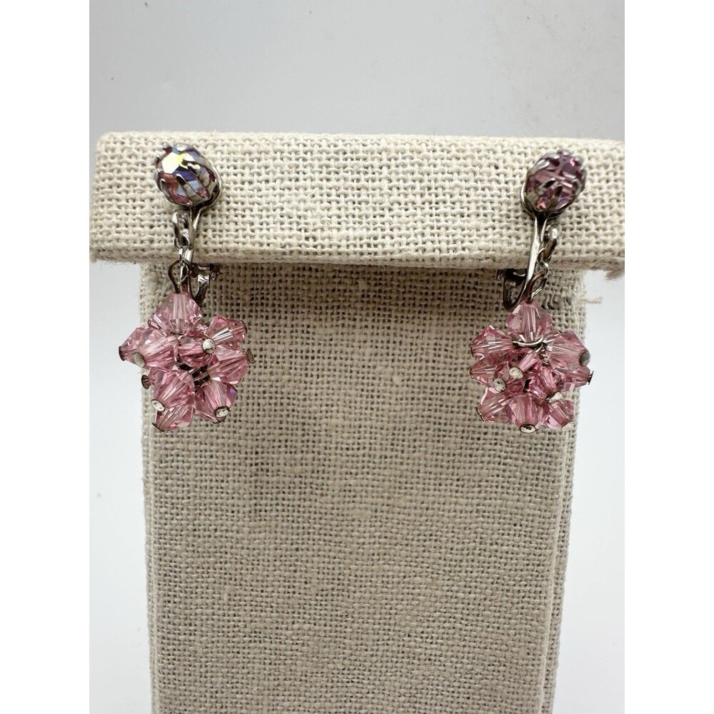 Vintage Pink Crystal Laguna Cluster Silver Tone Clip Earrings
